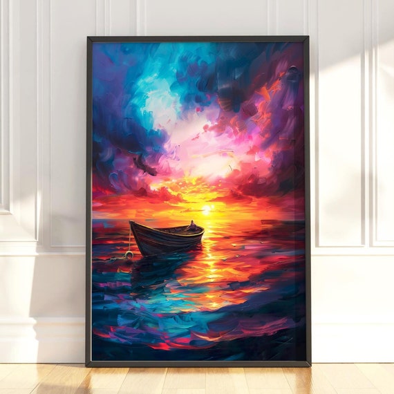 Lone Rowboat Floating On A Vibrant Sunset Ocean Impasto Painting Poster