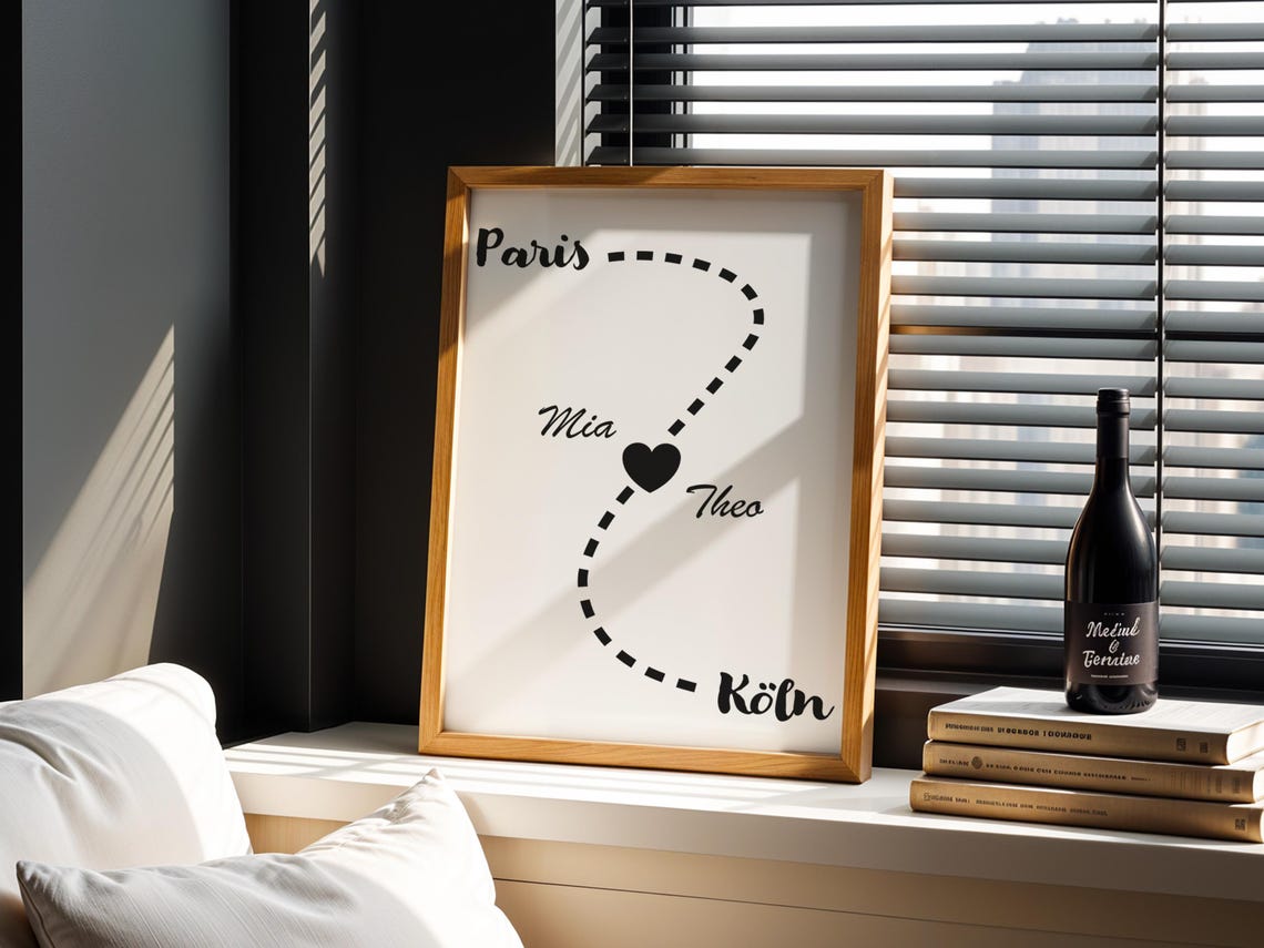 Personalized Long Distance Love Map Poster Paris to Koln Cities