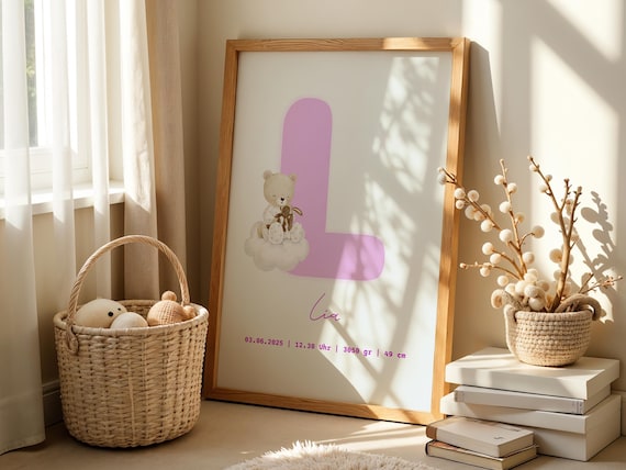 Personalized Baby Girl Birth Poster Nursery Wall Art With Name Date Stats Pink Teddy Bear Keepsake Print For Newborn Gift