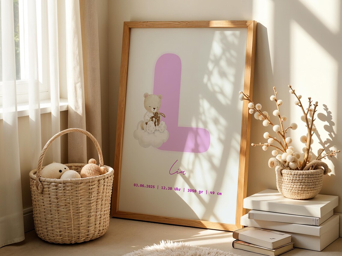 Personalized Baby Girl Birth Stats Teddy Bear Pink Nursery Print