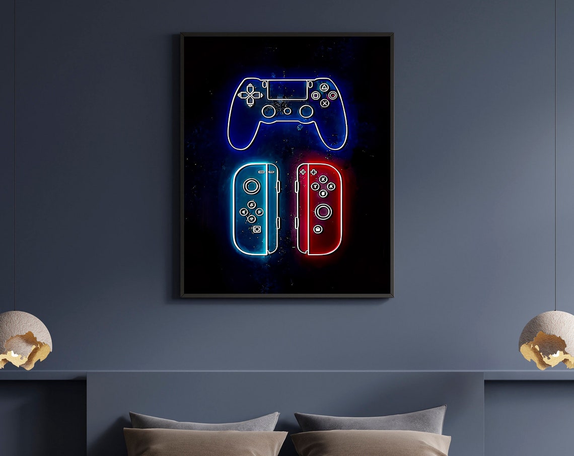 Neon Blue and Red Game Controllers Poster for Video Game Room Decor
