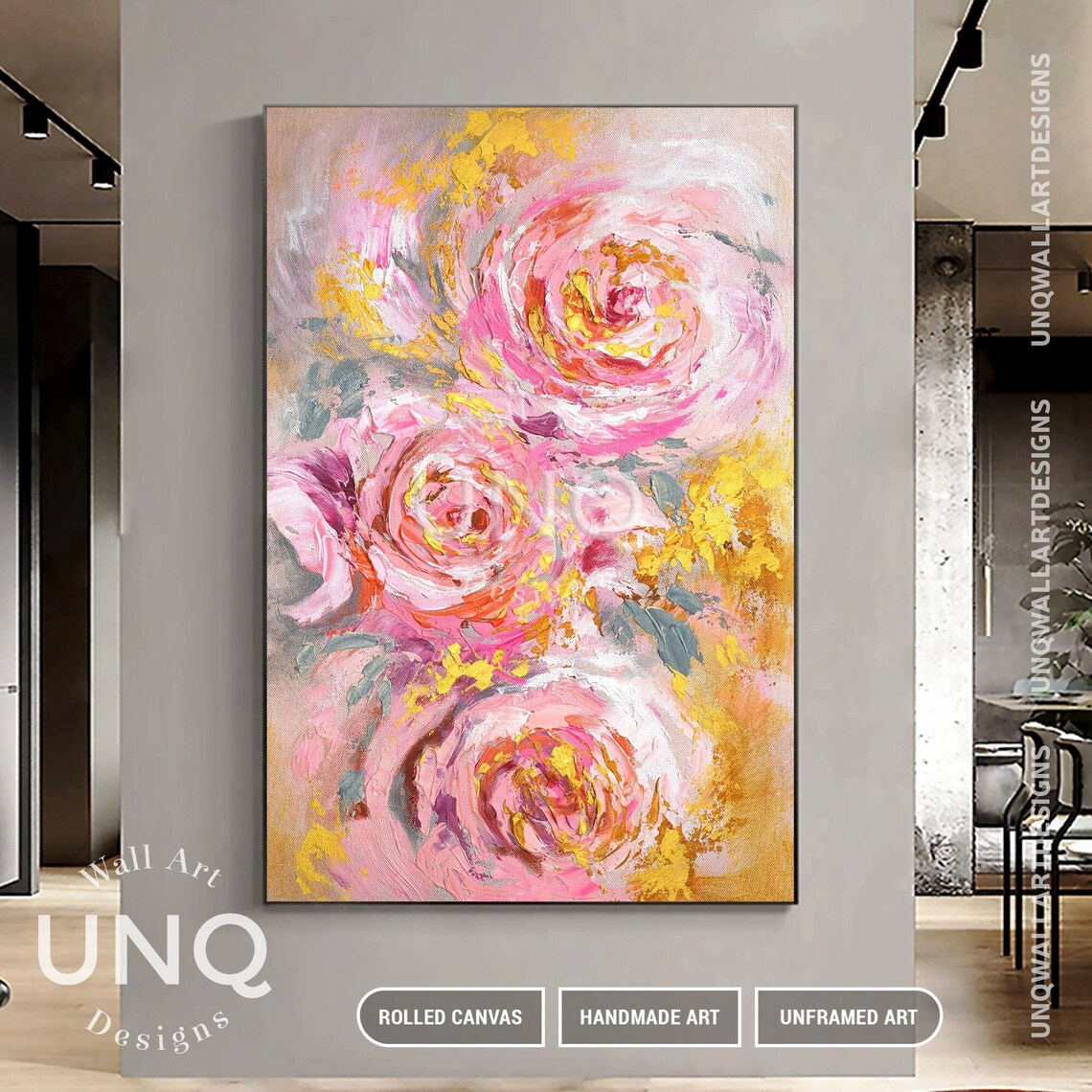 Pink Rose Trio Abstract Oil Painting Gold Floral Romantic Decor Poster - Image 3