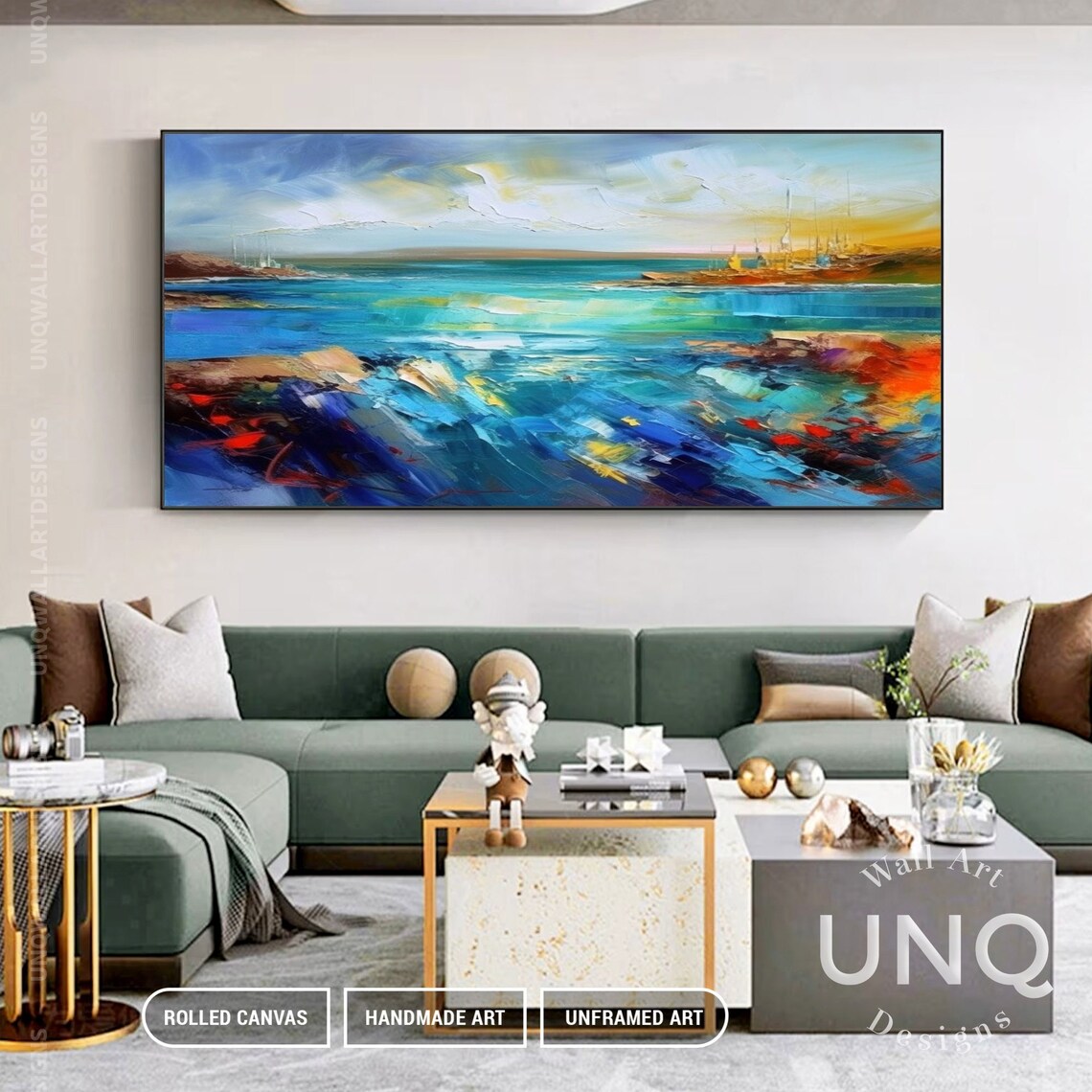 Turquoise Sea And Golden Sky Colorful Modern Coastal Painting Poster - Image 6
