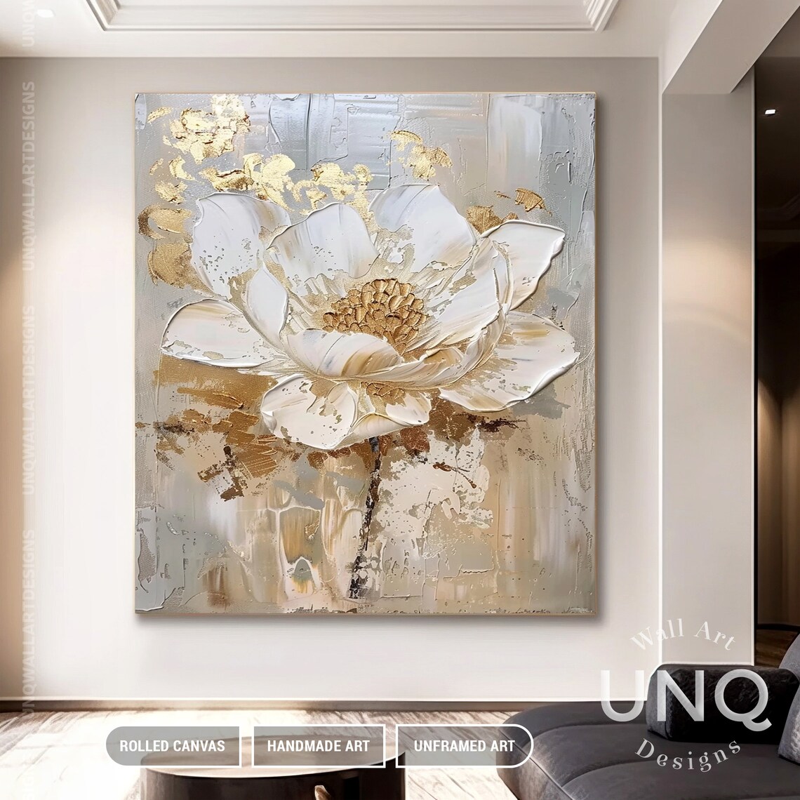 Luxury Golden Flower Wall Art 3d Heavy Floral Painting On Large Bohemian Custom Flower Room Art Trendy Wall Gift For Her - Image 3