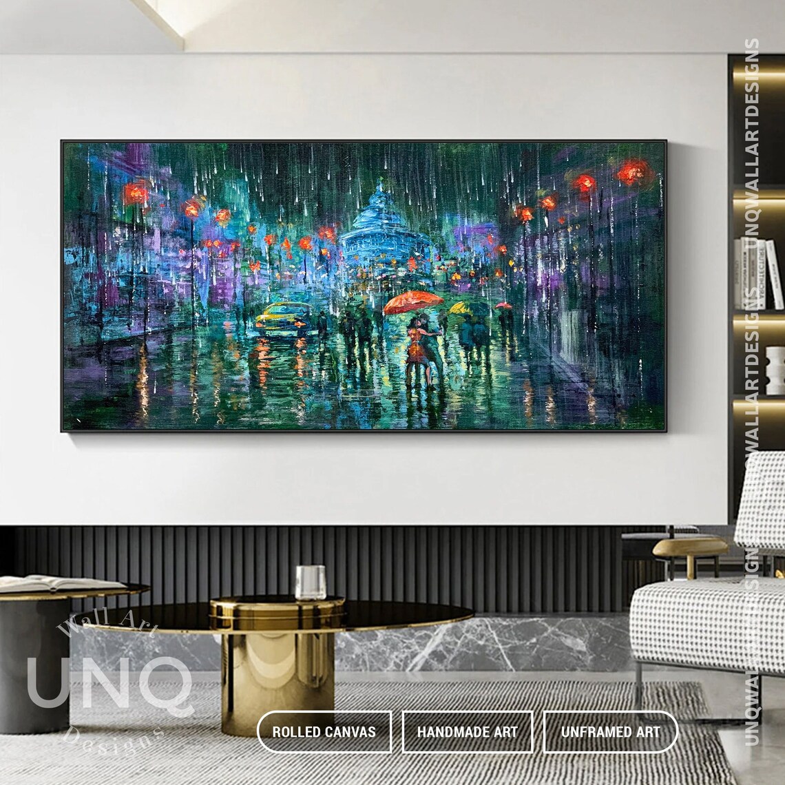 Kissing Couple Cityscape Painting, Modern Living Room Art - Image 5