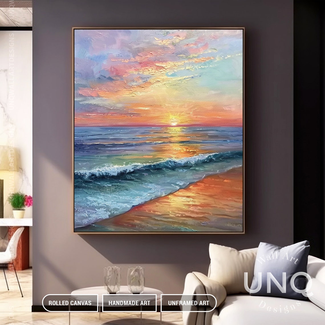 Pink Orange Sunset Ocean Waves Vertical Modern Seascape Art Poster - Image 5