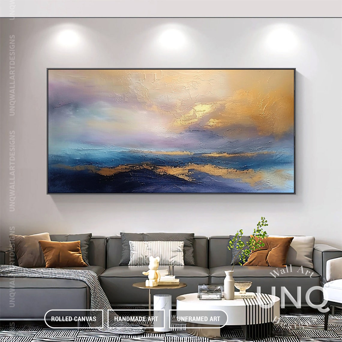 Soft Blue And Gold Ocean Clouds Dreamy Modern Abstract Art Poster - Image 6