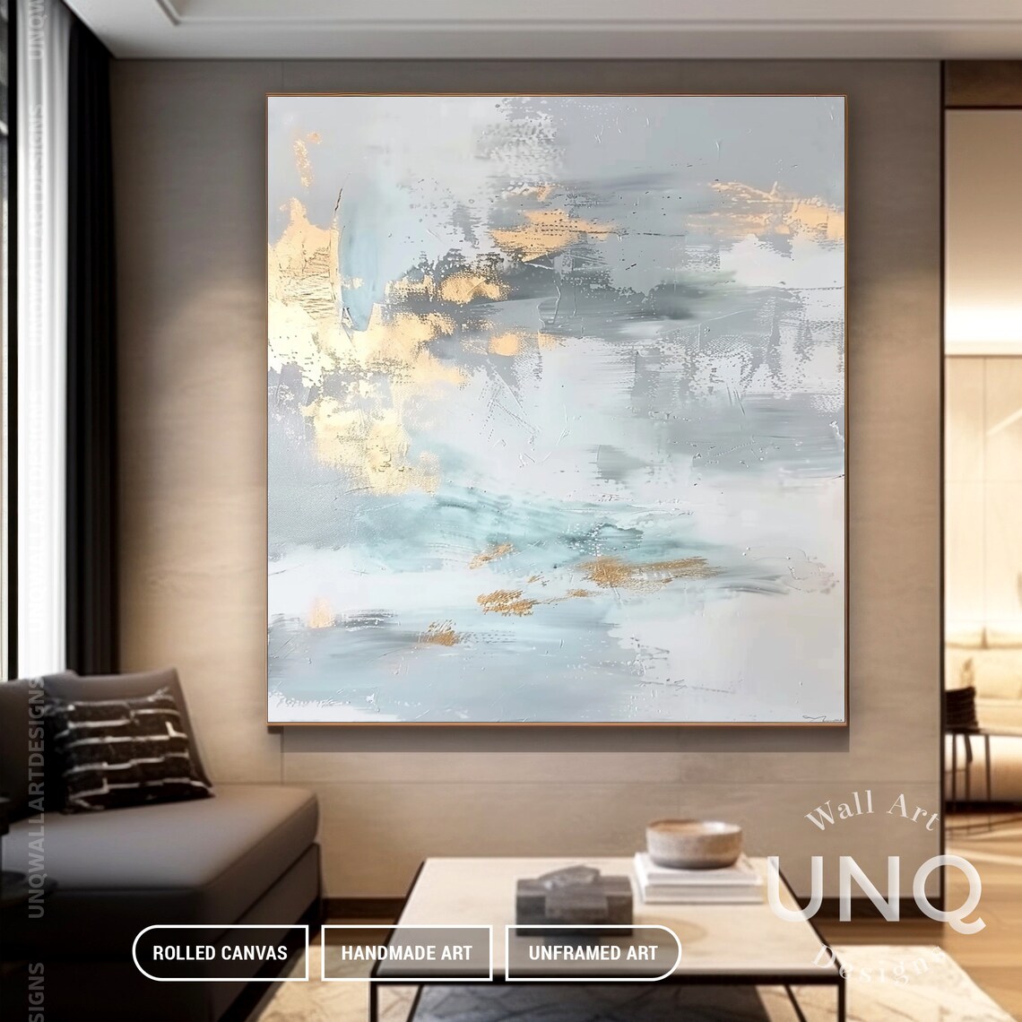 Contemporary Luxury Grey Gold Gift For Wall Extra Large Minimal Fine Decor Idea Oversized Unframed Silver Wall Art Gift For Her - Image 6