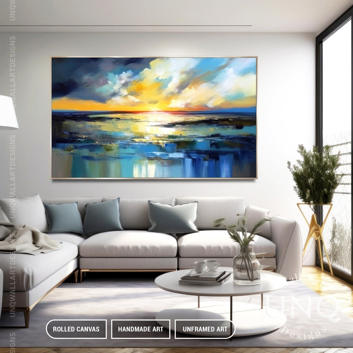 Dramatic Sunset Seascape Painting Golden Clouds Over Blue Sea Poster