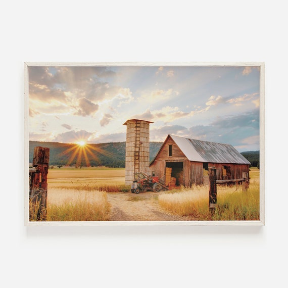 Hay Barn And Silo Farmhouse Wall Art Western Print Fields At Sunset Old Scenery Farm