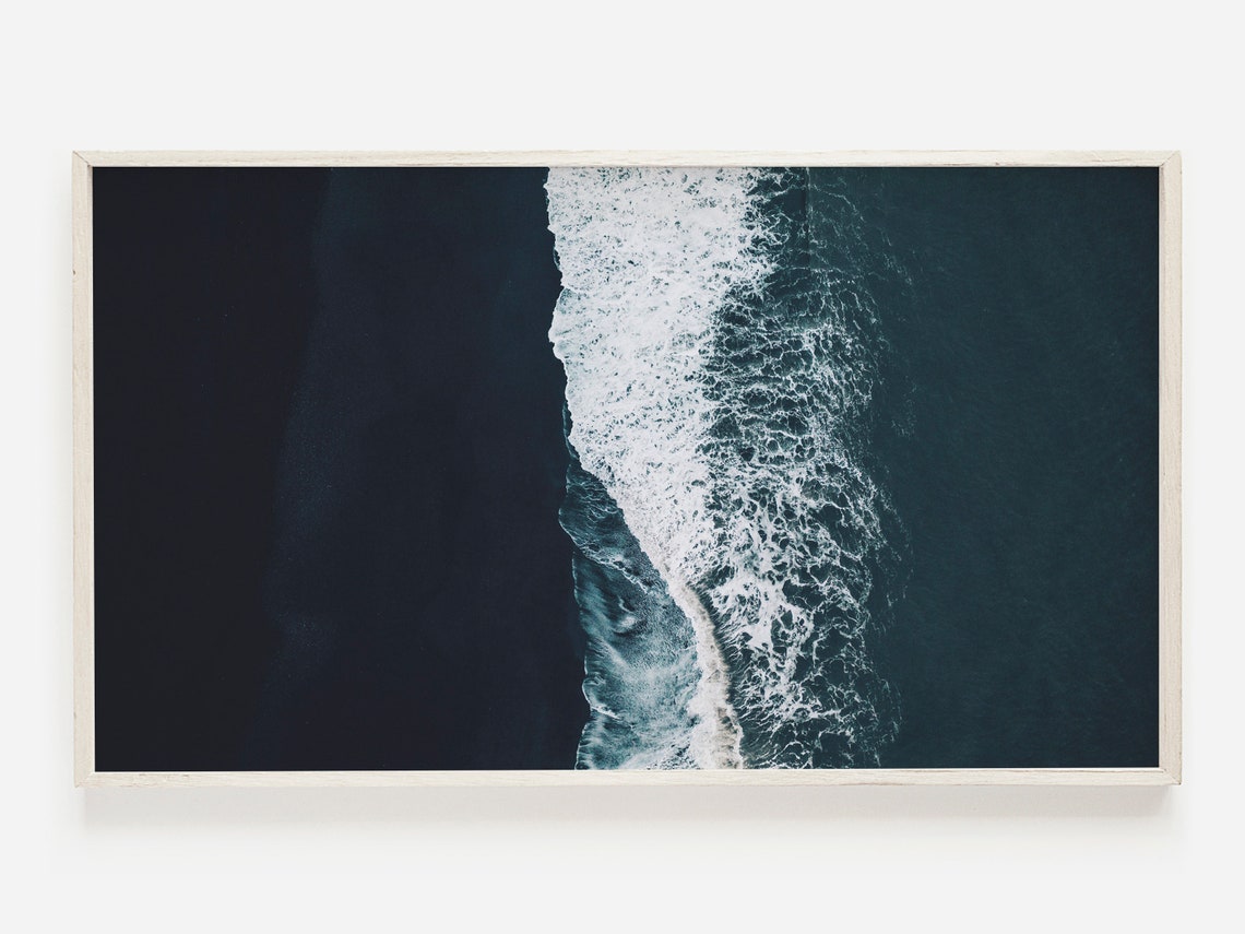 Aerial Black Sand Beach White Wave Foam Ocean Photo Art Poster