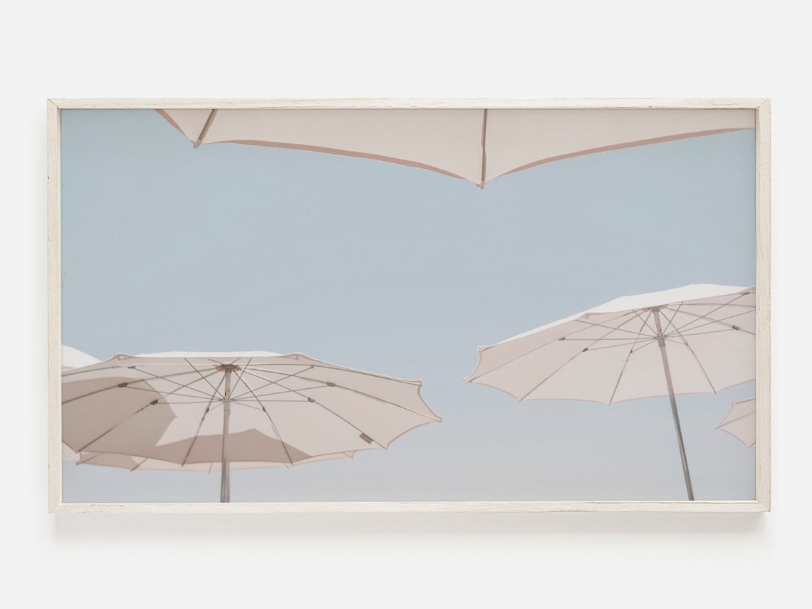 White Beach Umbrellas Against Clear Blue Sky Minimal Photo Poster