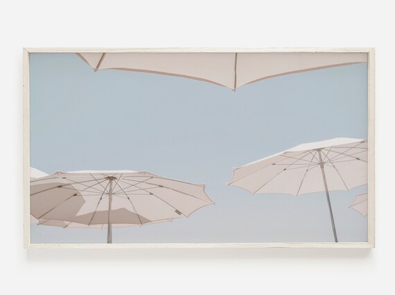 White Beach Umbrellas Against Clear Blue Sky Minimal Photo Poster