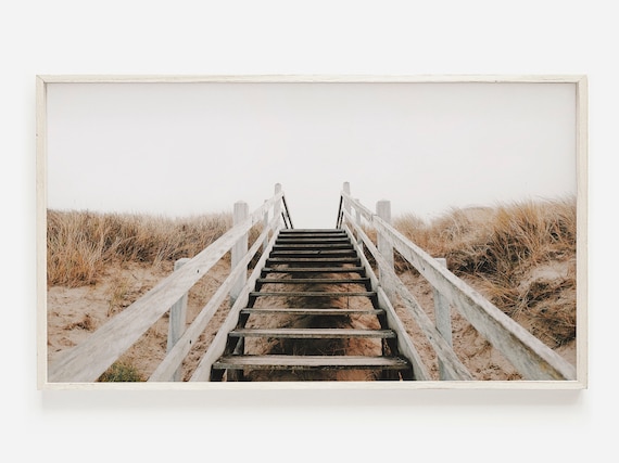 Wooden Stairs Over Beach Dunes Neutral Minimal Coastal Photo Poster