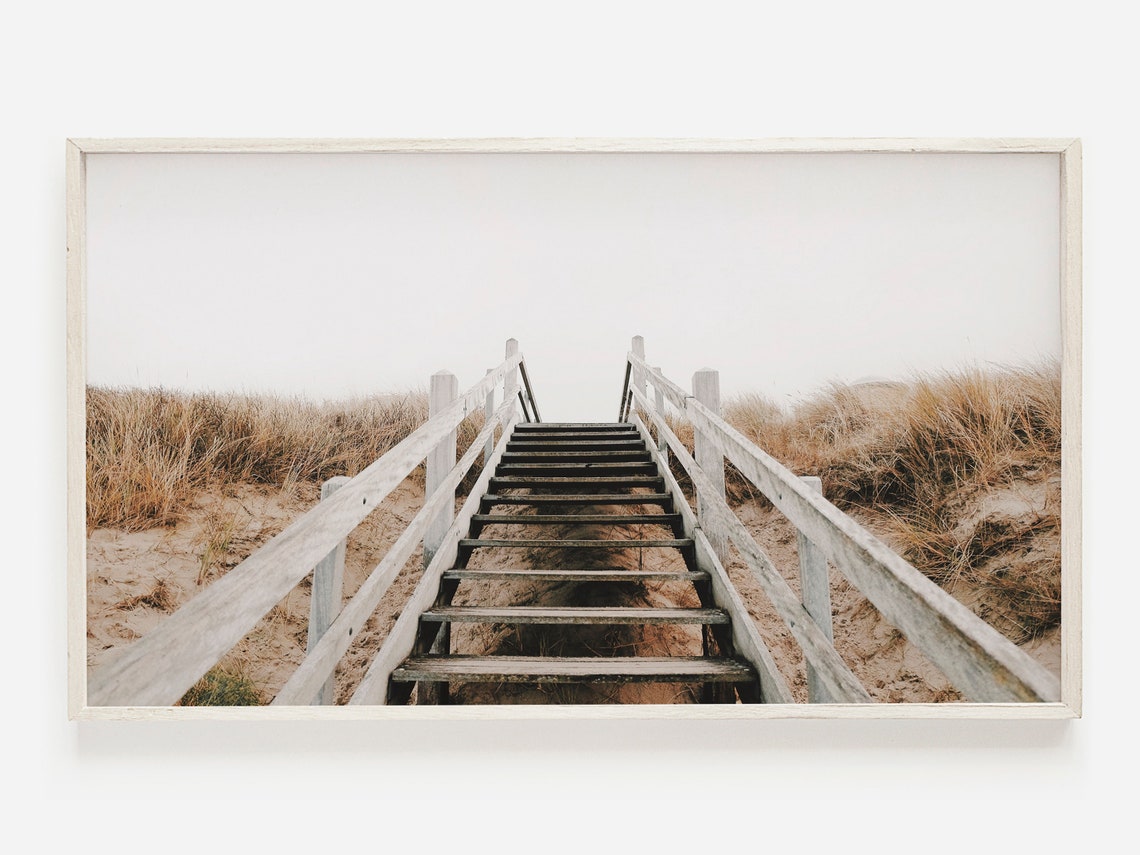 Wooden Stairs Over Beach Dunes Neutral Minimal Coastal Photo Poster