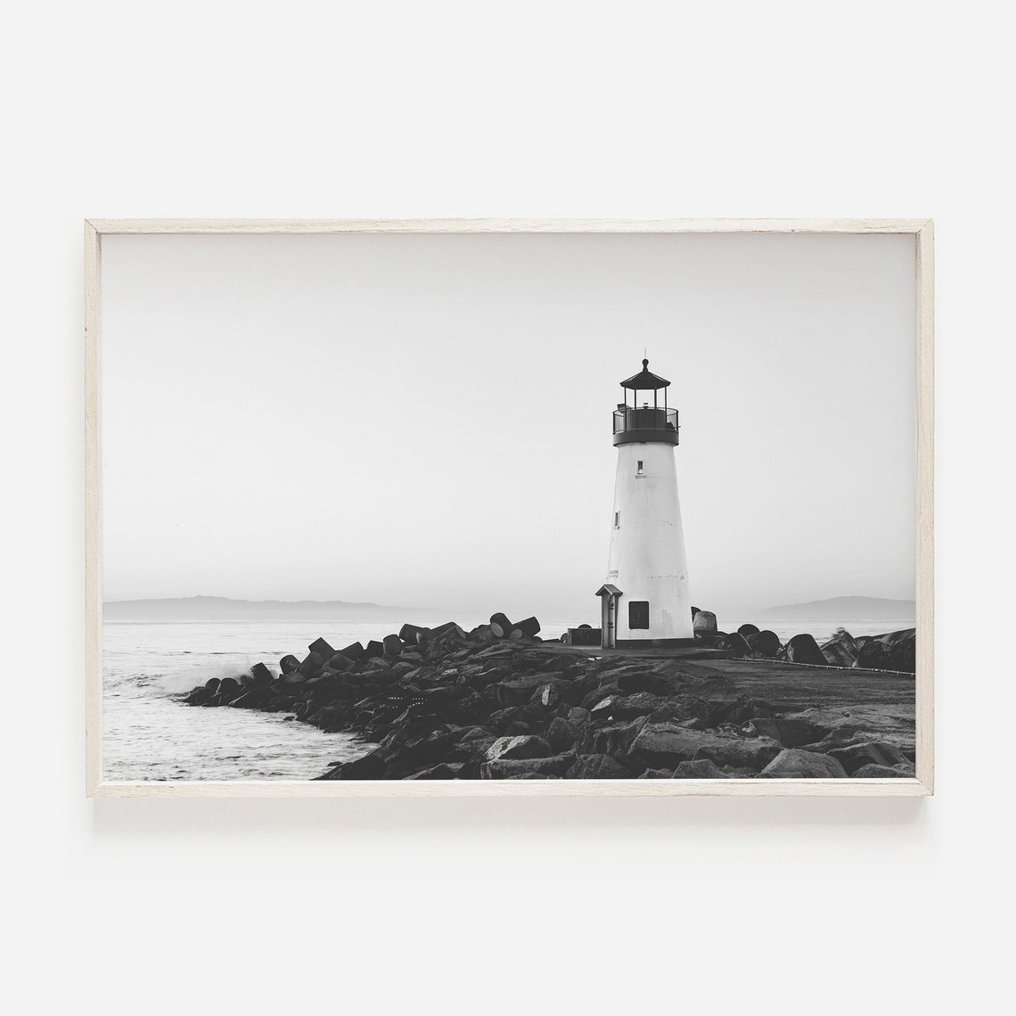 Lighthouse On Rocky Jetty Black White Coastal Photography Poster