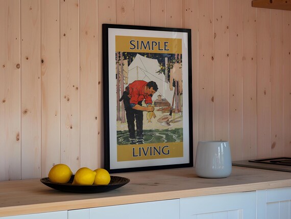 Simple Living Vintage Camping Angler Tent Riverside Scene Poster