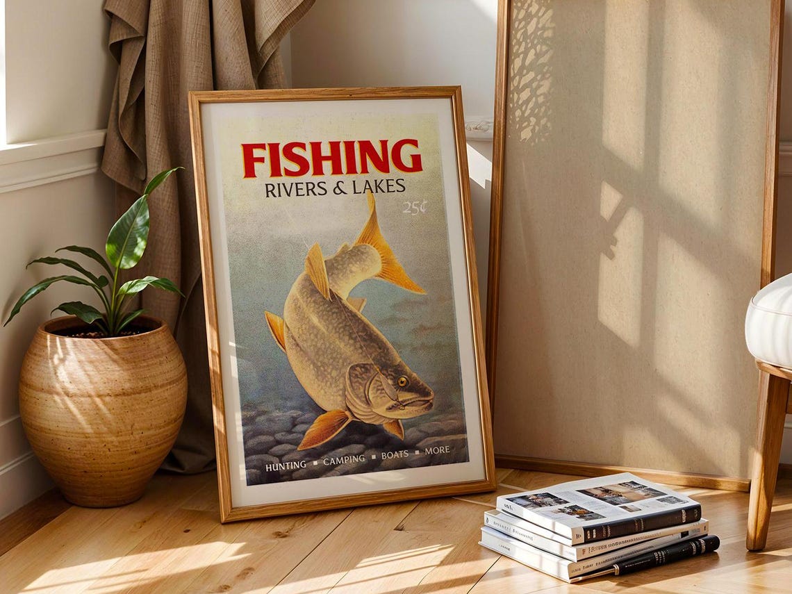 Retro Fishing Art Print Gift For Fisherman River Lake Fishing Poster Fish Wall Decor Angler Artwork Outdoorsy Wall Art Fishing Dad Gift - Image 3