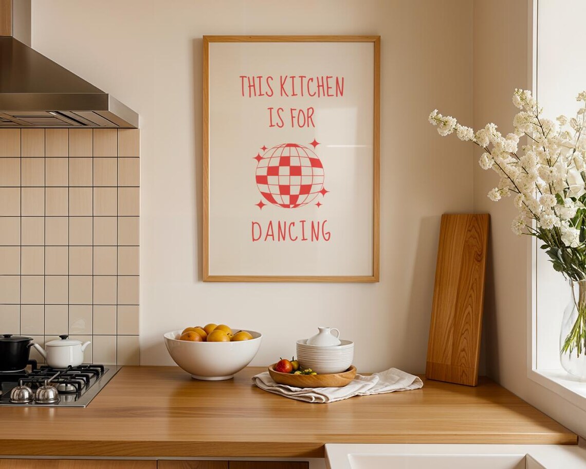 This Kitchen Is For Dancing Retro Red Disco Ball Typography Poster - Image 2