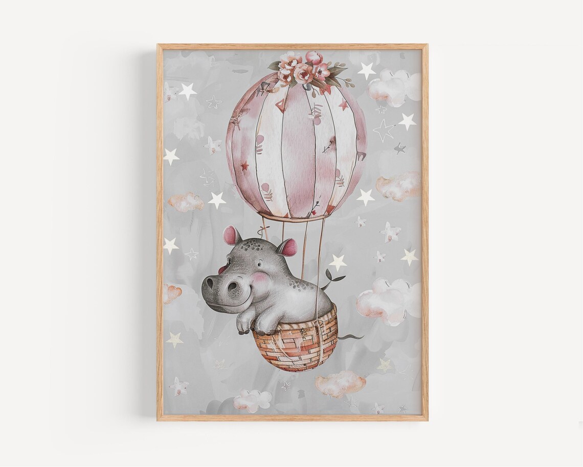 Baby Hippo Riding Hot Air Balloon Nursery Watercolor Dream Poster