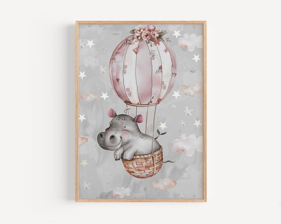Hippo In Hot Air Balloon Nursery Print Whimsical Baby Animal Poster Pastel Cloud And Stars Wall Art Kids Room Decor