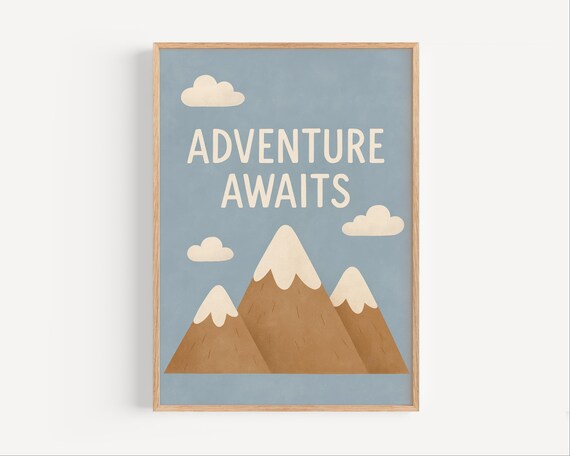 Adventure Awaits Mountain Peaks Scenic Kids Nursery Travel Poster
