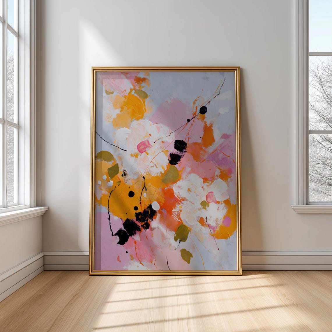Orange Pink Abstract Painting With Black Ink Splashes Poster