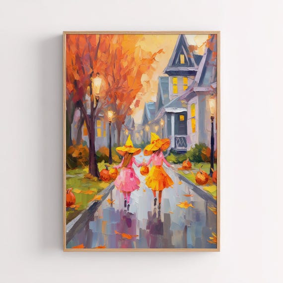 Three Girls Trick Or Treating Halloween Art Pink Witches Spooky Cute Autumn Wall Decor Room Print