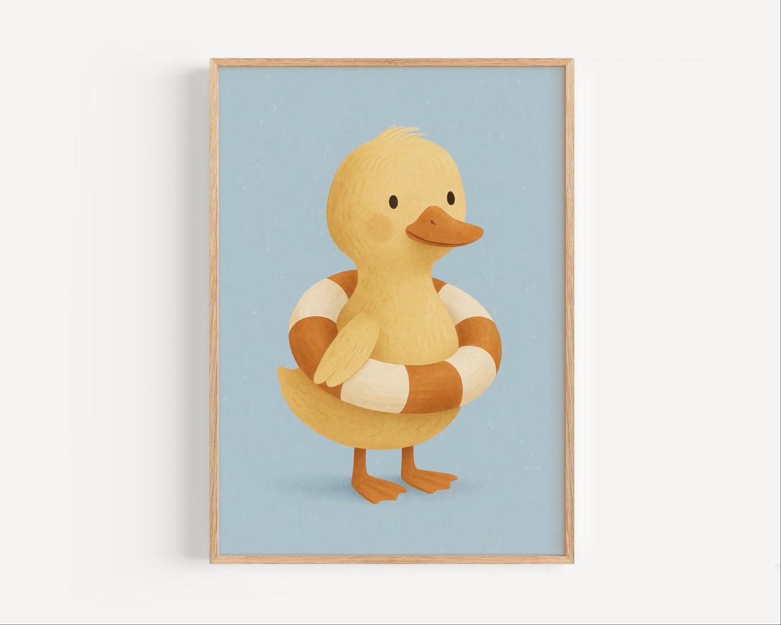Cute Duckling With Lifebuoy Summer Beach Kids Nursery Poster
