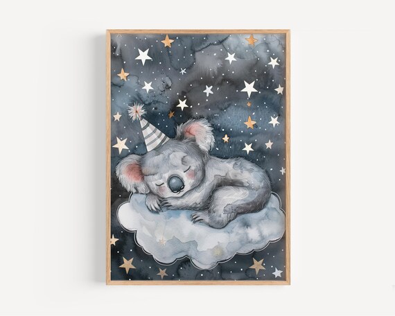 Dreamy Koala Sleeping On Cloud Starry Night Nursery Wall Art Gender Neutral Baby Room Poster Animal Print For Kids