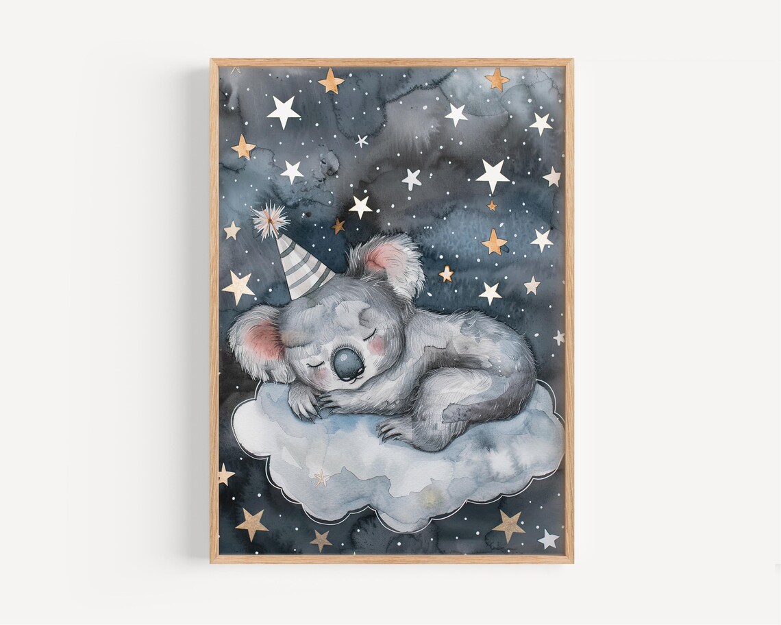 Sleeping Koala on a Cloud Under Starry Night Sky Watercolor Nursery Poster