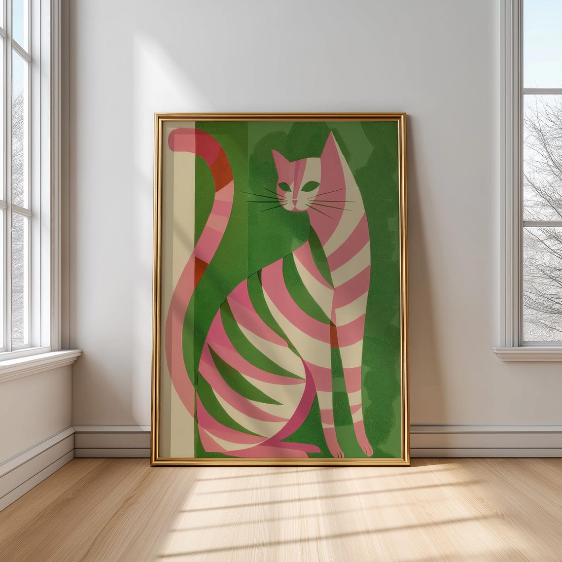 Geometric Pink And Green Striped Cat Modern Abstract Art Print