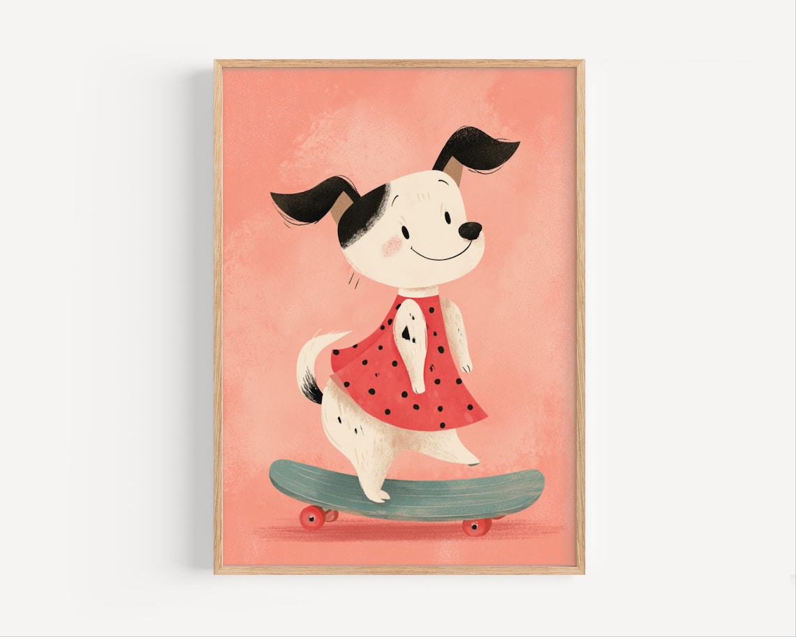 Skateboard Puppy Girl Red Polka Dot Dress Cute Kids Nursery Poster