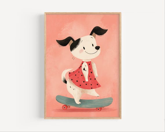 Skateboard Dog Print Girl Wall Art Cute Animal Poster For Kids Coral Nursery Decor Whimsical Playroom Illustration Puppy