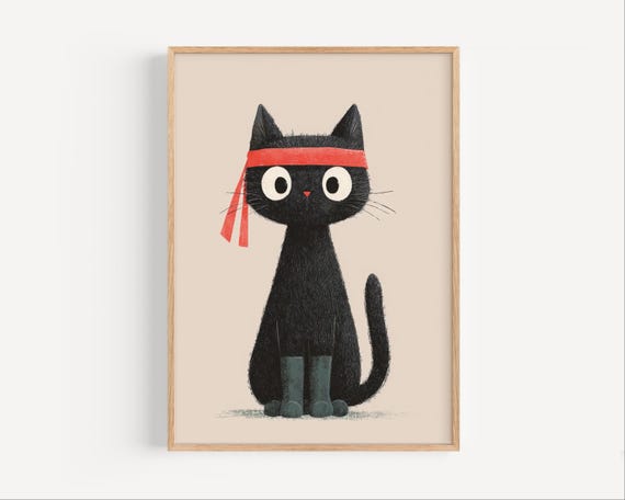 Black Cat Wall Art For Kids Room Cute Ninja Poster With Red Headband Framed Nursery Animal Print Lovers