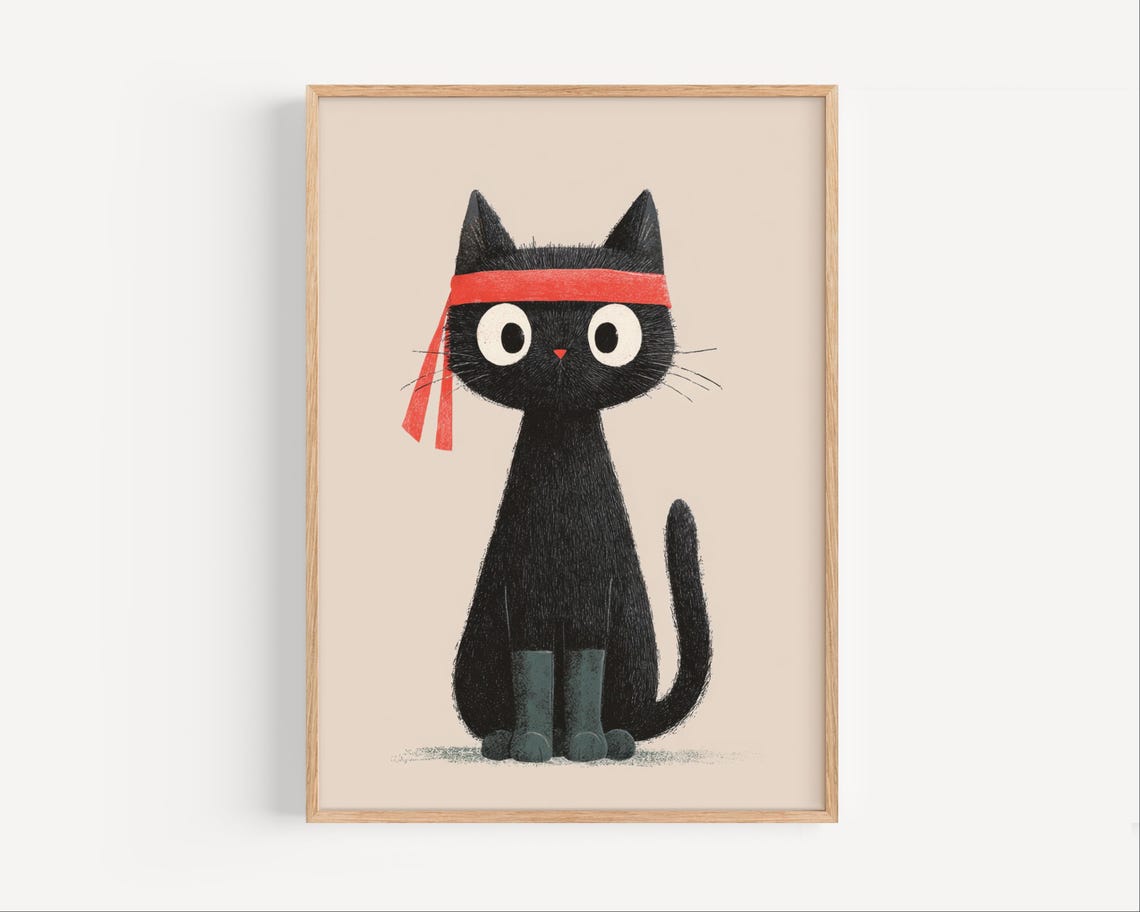 Cute Black Cat With Red Ninja Headband Funny Animal Wall Art