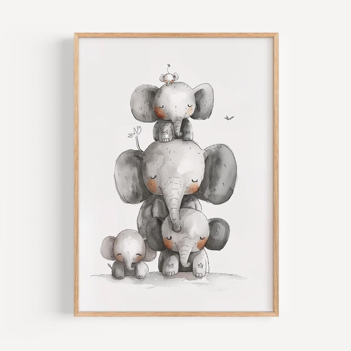 Stacked Elephants Tower with Tiny Mouse Nursery Watercolor Art Print