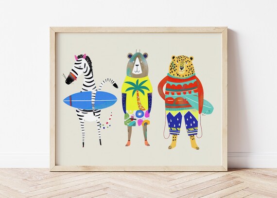 Surfer Animal Print Beach Wall Art Cool Poster Tropical Nursery Decor Summer Kids Surfboard