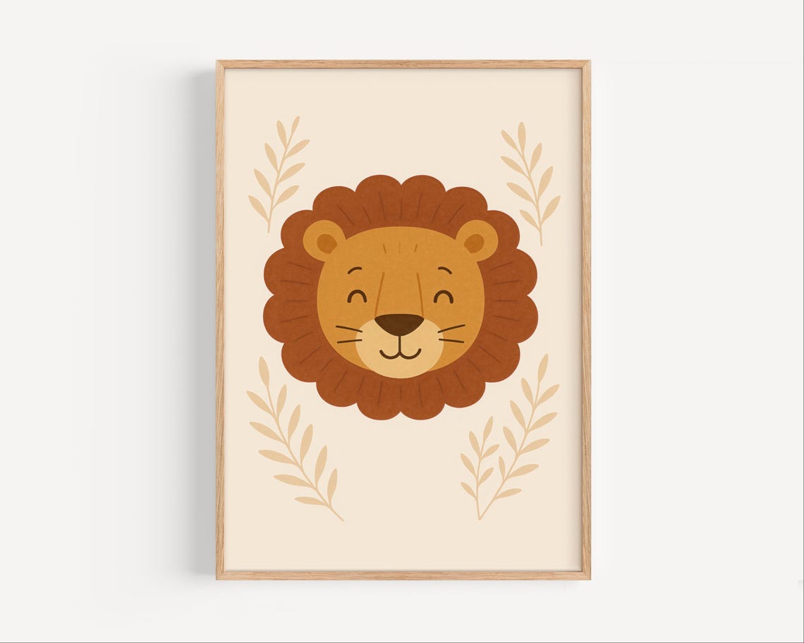 Cute Smiling Lion Face Minimalist Boho Nursery Animal Art Poster