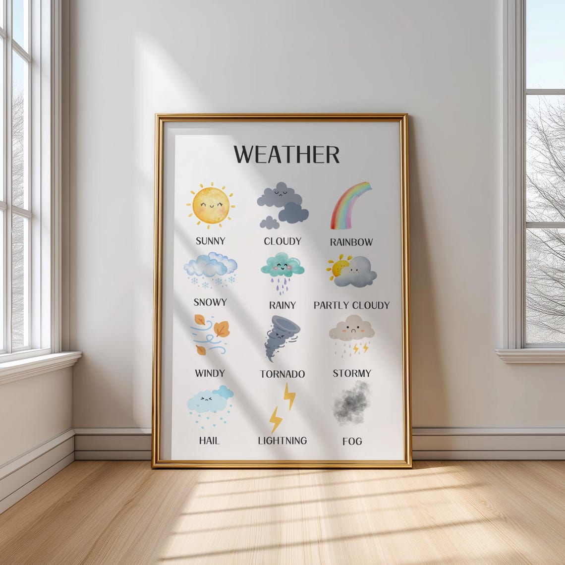 Cute Watercolor Weather Chart Educational Poster For Kids Room