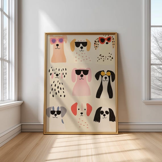 Dogs In Sunglasses Poster Funny Animal Print For Kids Cute Dog Nursery Decor Pastel Wall Art Childrens Room