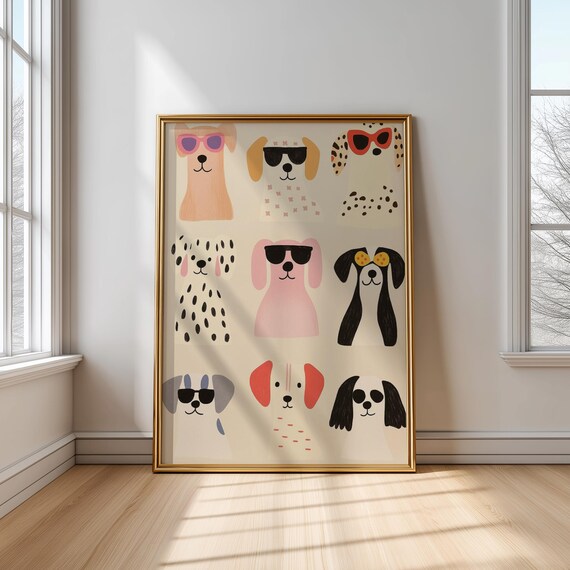 Nine Cute Dogs Wearing Sunglasses Pastel Funny Animal Fine Art Poster