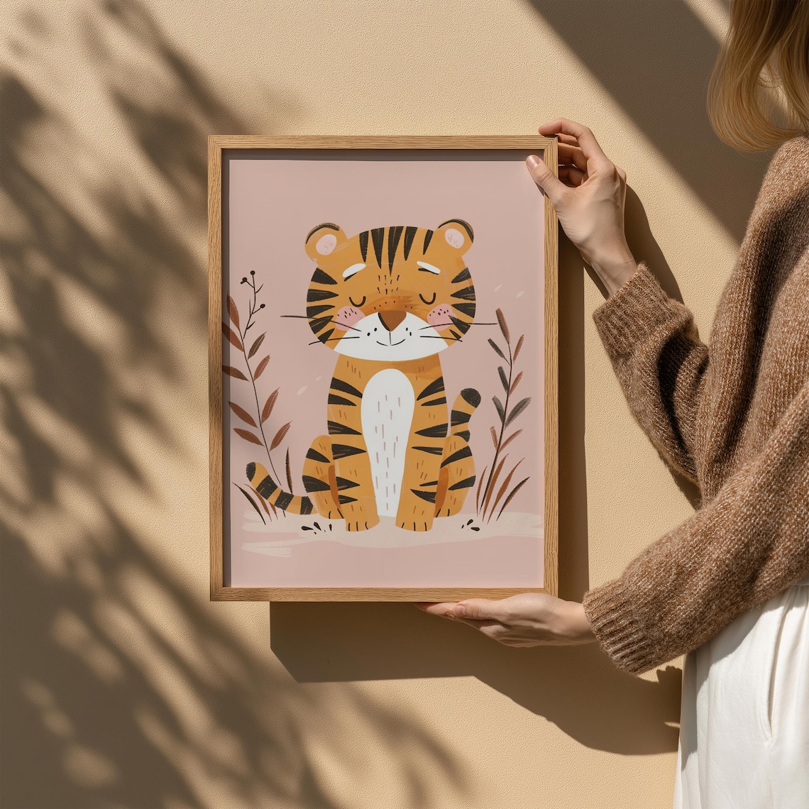 Adorable Baby Tiger Sitting Among Botanical Leaves Nursery Poster