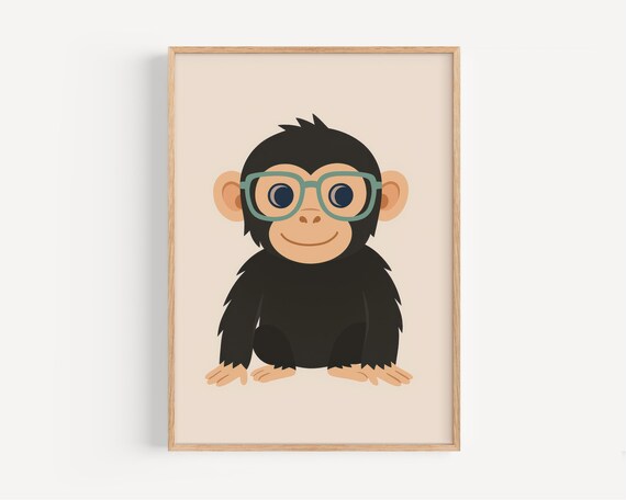 Baby Chimpanzee With Teal Glasses Cream Background Nursery Poster