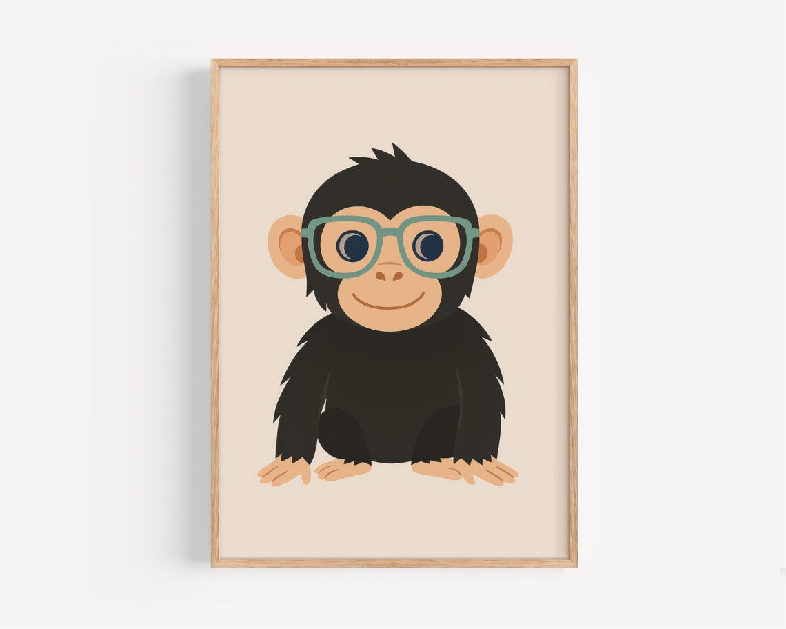 Baby Chimpanzee With Teal Glasses Cream Background Nursery Poster