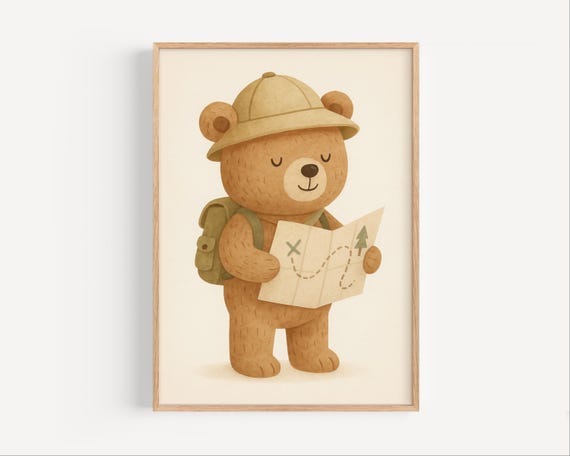 Explorer Bear Poster Nursery Wall Art For Boys Room Cute Hiking Animal Illustration In Neutral Tones