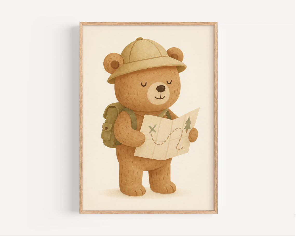 Explorer Bear Poster Nursery Wall Art For Boys Room Cute Hiking Animal Illustration In Neutral Tones