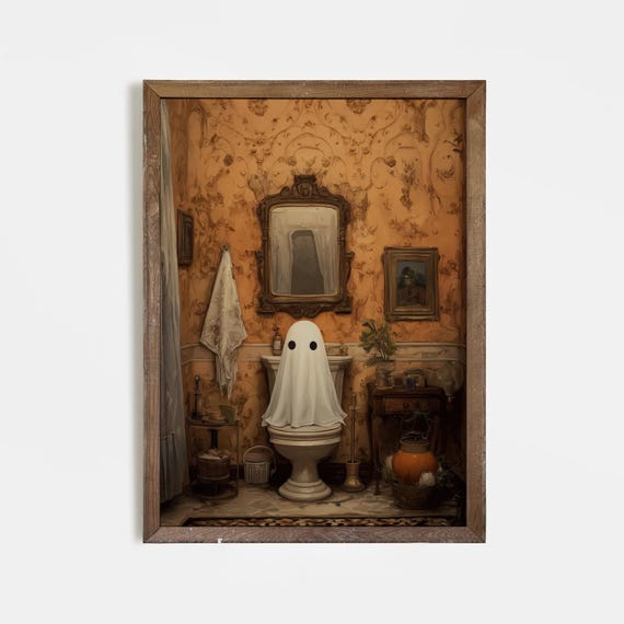 Funny Bathroom Print Spooky Halloween Wall Art Vintage Haunted Home Decor Whimsical Sitting Toilet Poster Gothic