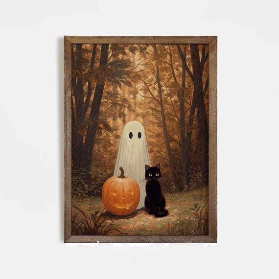 Halloween And Black Cat Wall Art Pumpkin Forest Print Cute Spooky Autumn Whimsical Fall Home Decor Illustration
