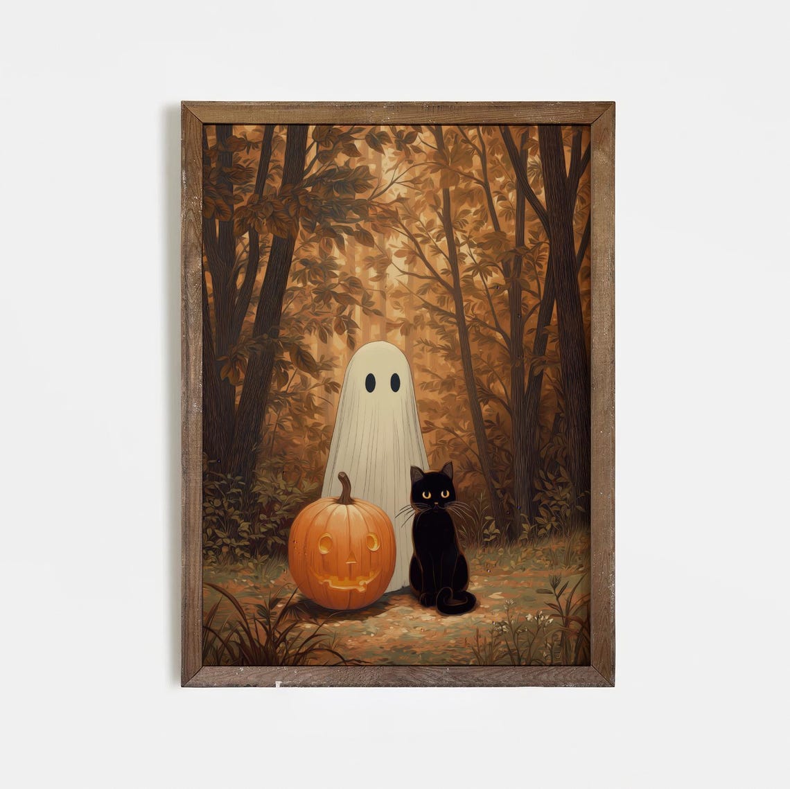 Halloween And Black Cat Wall Art Pumpkin Forest Print Cute Spooky Autumn Whimsical Fall Home Decor Illustration